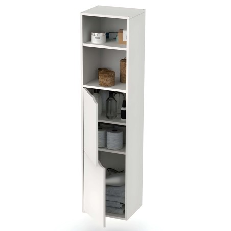 Estantería vertical blanca con puerta y compartimentos abiertos para almacenamiento y organización