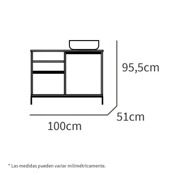 Mueble tocador con espejo integrado y cajones laterales vista en perspectiva con medidas