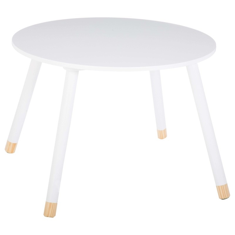 Mesa redonda blanca con tablero liso y patas de madera clara con remates naturales