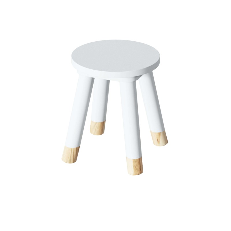 Taburete redondo blanco con asiento circular y cuatro patas de madera natural con puntas pintadas