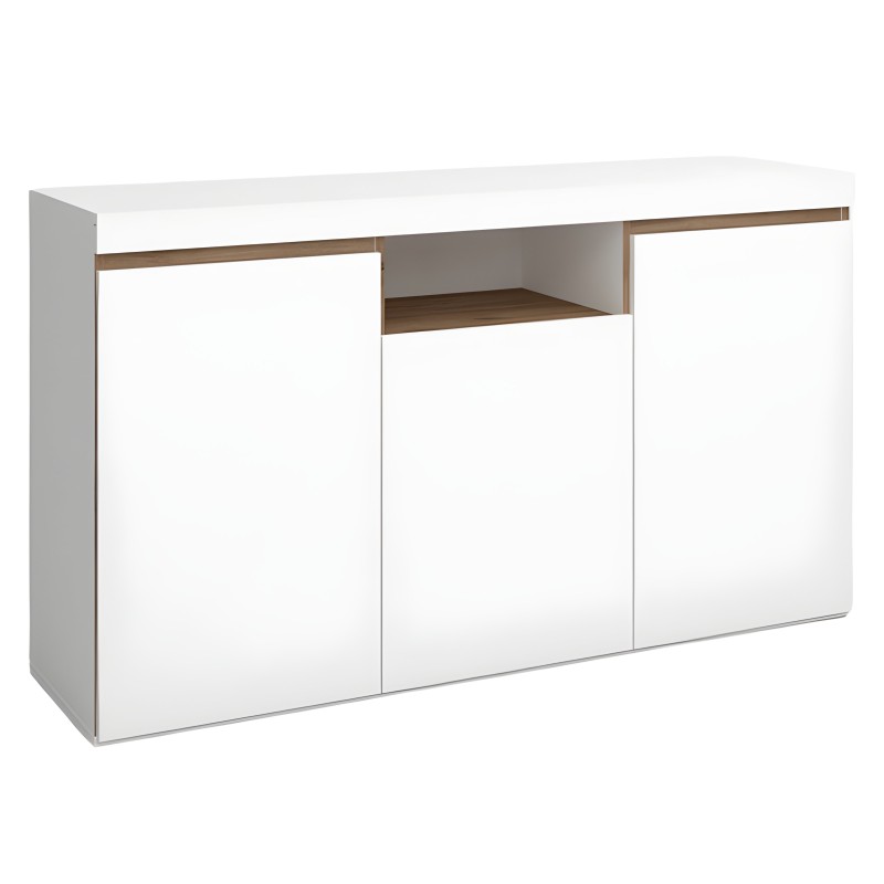 Aparador blanco con puertas y compartimentos abiertos con detalles en madera natural