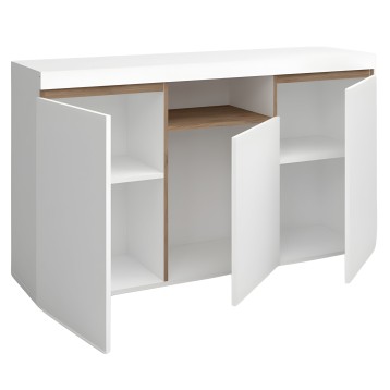 Mueble bajo blanco con puertas abatibles y estantes internos en madera natural y blanco
