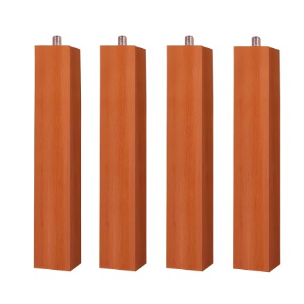 Juego de cuatro patas de madera color naranja con acabado veteado y conectores metálicos