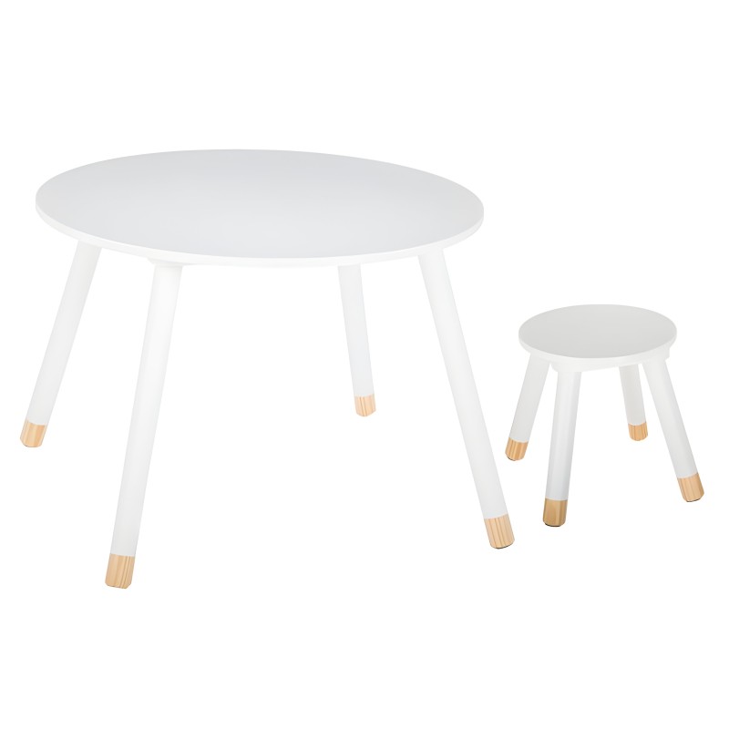 Mesa redonda blanca con patas de madera natural y taburete infantil a juego