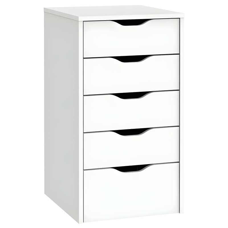 Cajonera blanca con cinco cajones y asas negras ergonómicas