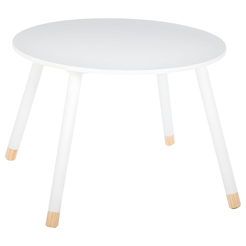 Mesa redonda blanca con tablero liso y patas de madera natural con puntas de goma