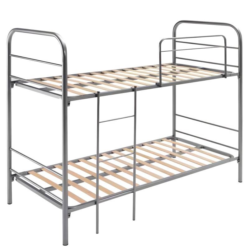 Cama litera con estructura metálica gris y somier de madera natural en dos niveles