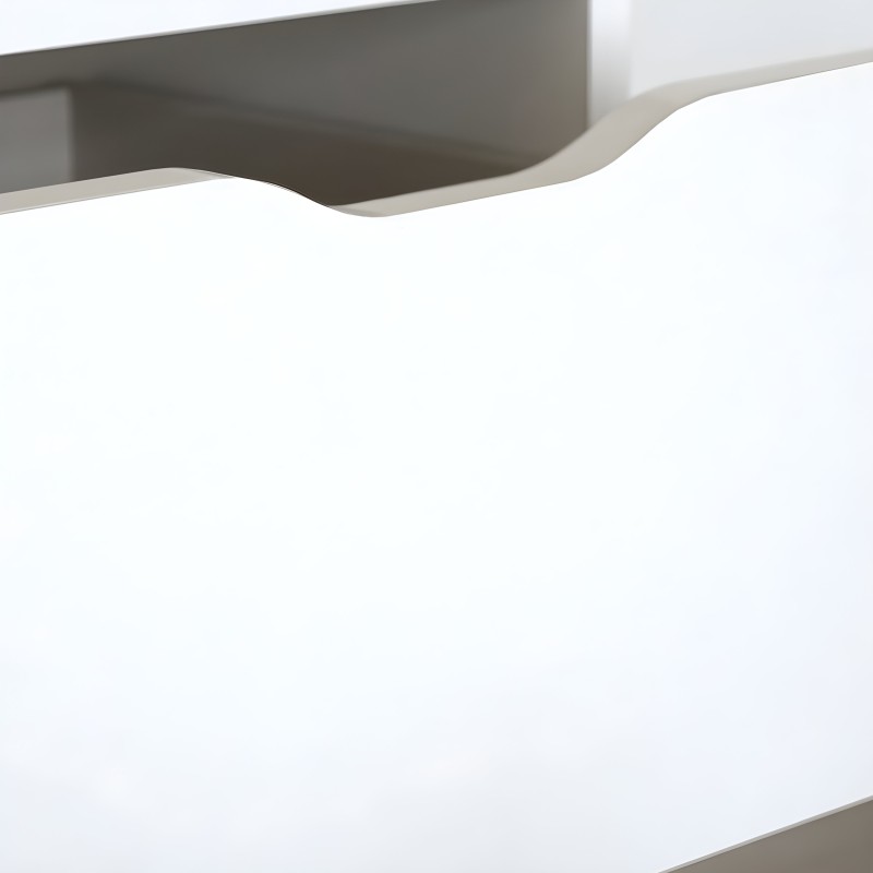 Estantería flotante blanca y gris con bordes curvos y diseño minimalista detalle superior