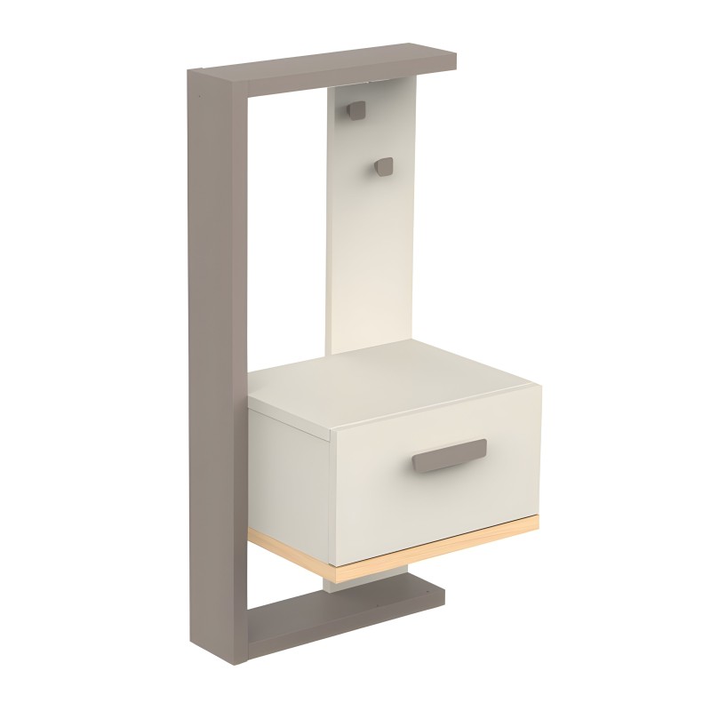 Mueble organizador gris y blanco con cajón y perchero integrado en estructura abierta
