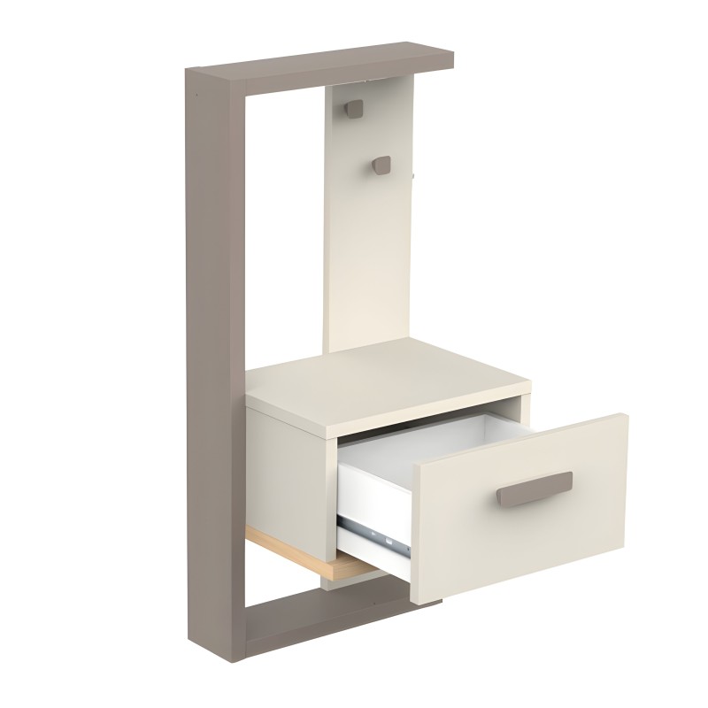 Estantería modular en tonos grises y crema con estructura abierta y cajón extraíble con tirador gris