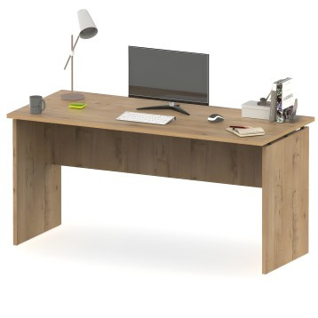 Escritorio madera clara y oscura con cajón frontal y patas macizas en ambiente de trabajo
