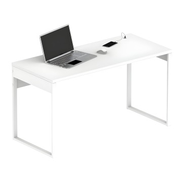 Escritorio blanco de trabajo con estructura metálica y tablero rectangular para ordenador y accesorios de oficina