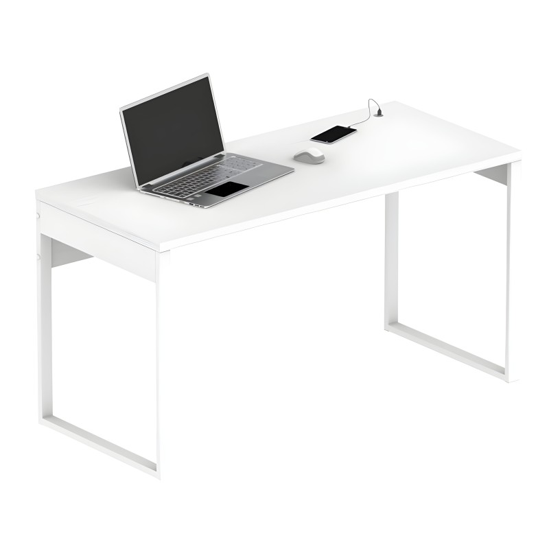 Escritorio blanco de trabajo con estructura metálica y tablero rectangular para ordenador y accesorios de oficina
