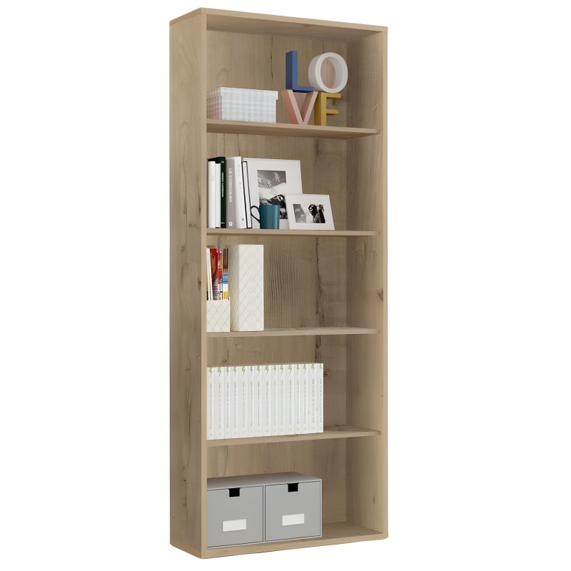 Estantería de madera natural con 6 compartimentos y decoración de libros cajas y accesorios