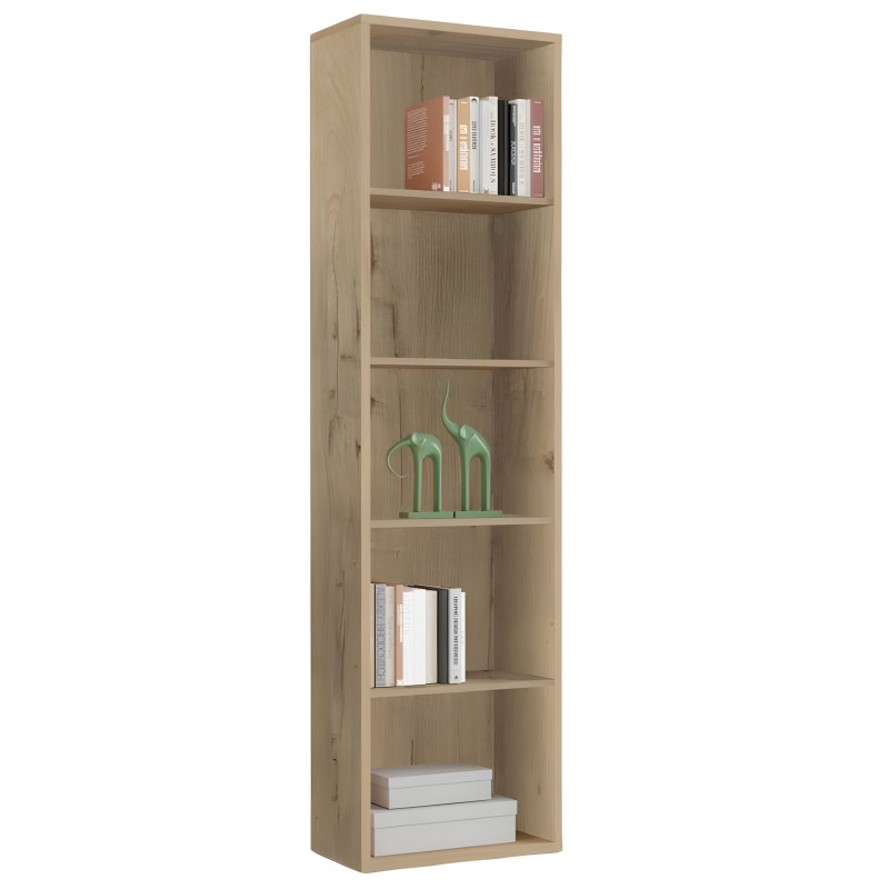 Estantería vertical de madera clara con seis compartimentos abiertos y libros y decoración