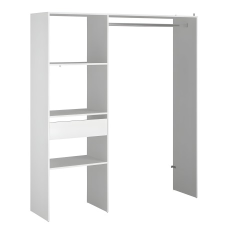 Armario modular blanco y gris con estantes abiertos y puerta corrediza lateral