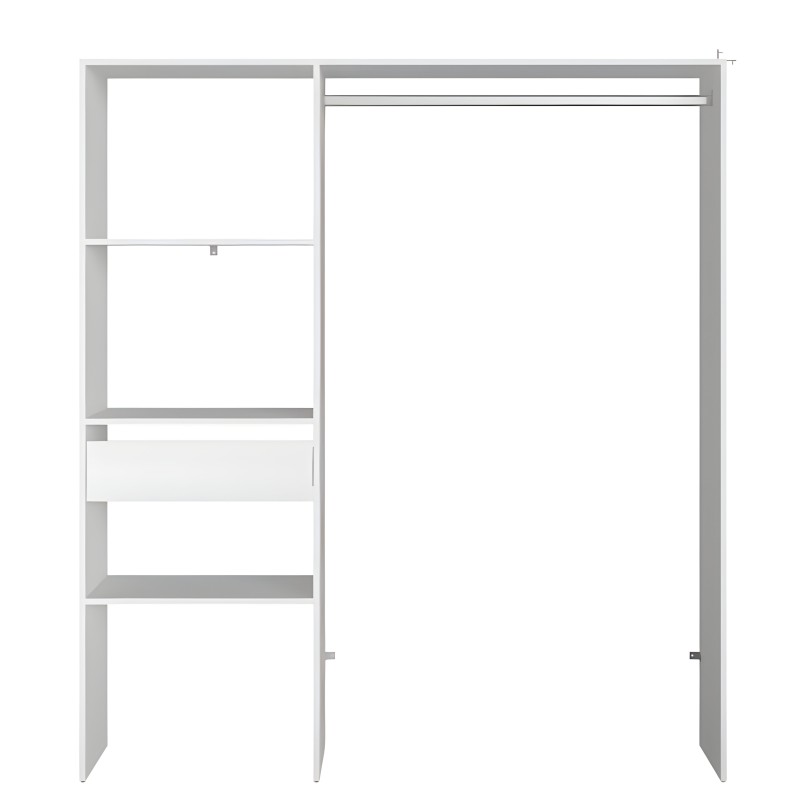 Armario modular blanco y gris con estantes abiertos y puerta corredera vista frontal