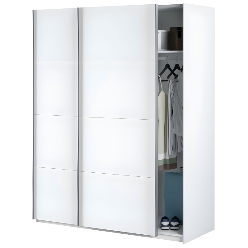 Armario de puertas correderas blanco con frentes de paneles y compartimentos interiores abiertos mostrando ropa y accesorios