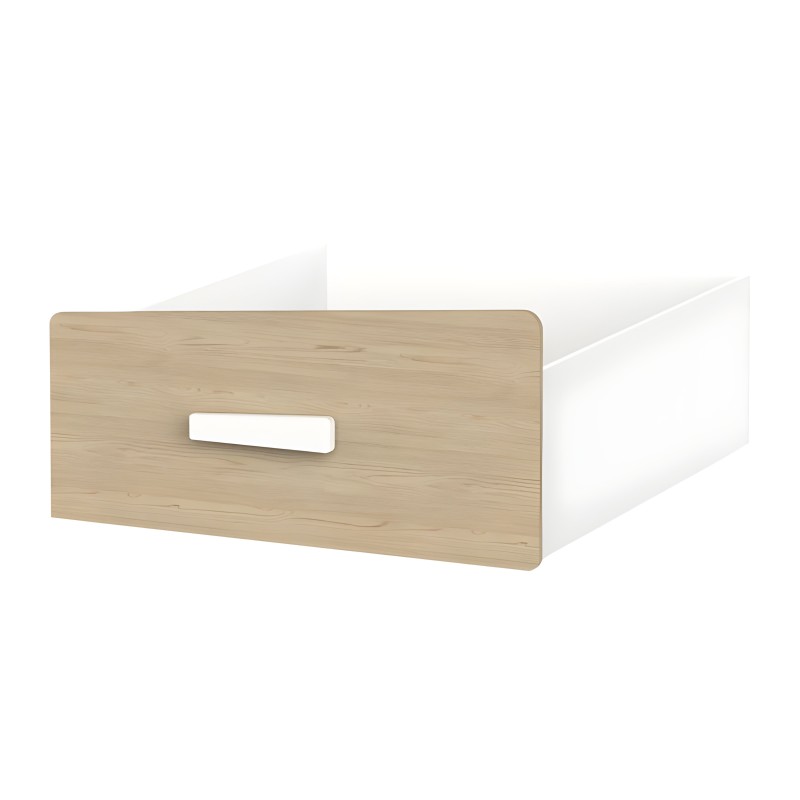 Cajón de madera clara con frente redondeado y asa rectangular blanca integrada en estructura blanca