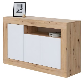 Aparador madera natural y puertas blancas con nicho abierto y estante decorativo
