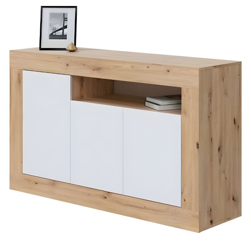 Aparador madera natural y puertas blancas con nicho abierto y estante decorativo