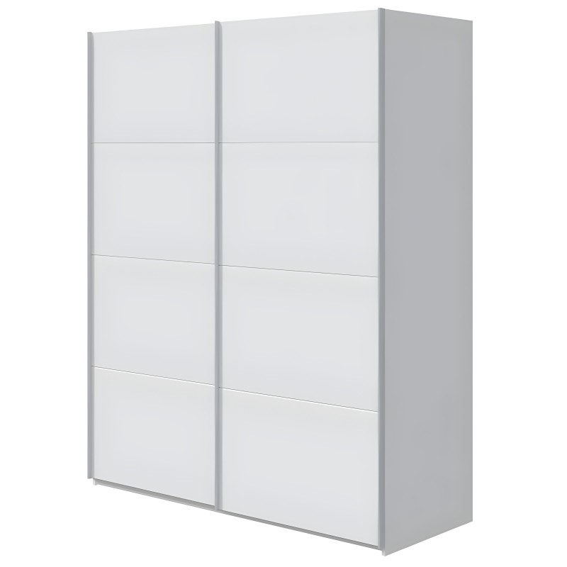 Armario de puertas correderas blanco con paneles horizontales y estructura gris