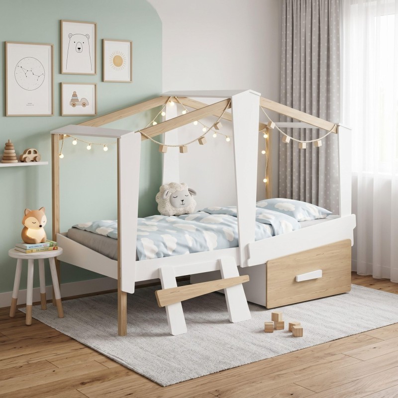Cama infantil dosel blanco y madera natural con doseles decorativos y luces led en habitación
