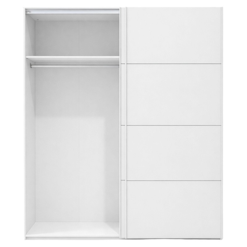 Armario blanco con puertas correderas y interior con estantes y barra de colgar