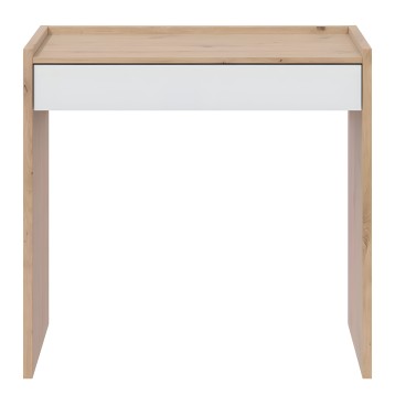 Escritorio de madera natural con cajón blanco y estructura de pino macizo vista frontal