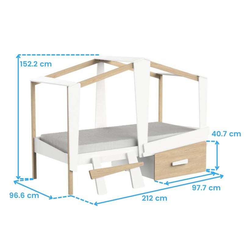 Cama dosel de madera natural y blanco con cajón inferior y colchón gris