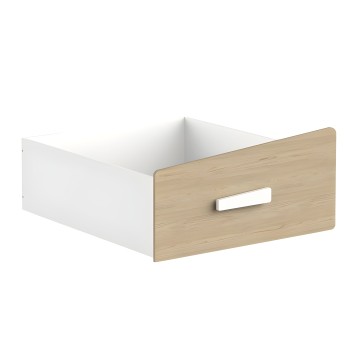 Cajón blanco con frente de madera clara y asa rectangular integrada vista en perspectiva