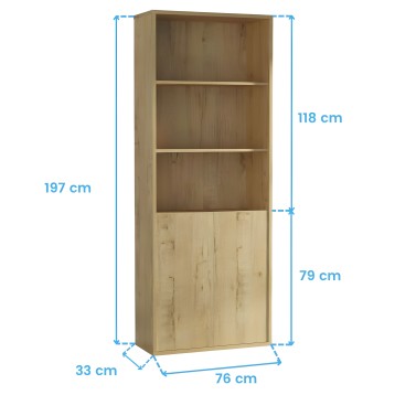 Estantería de madera natural con tres estantes abiertos y puerta inferior cerrada