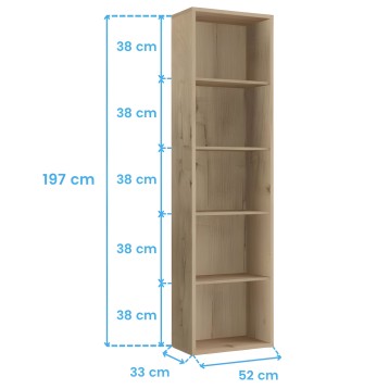 Estantería vertical de madera clara con cinco compartimentos abiertos y estructura modular vista frontal