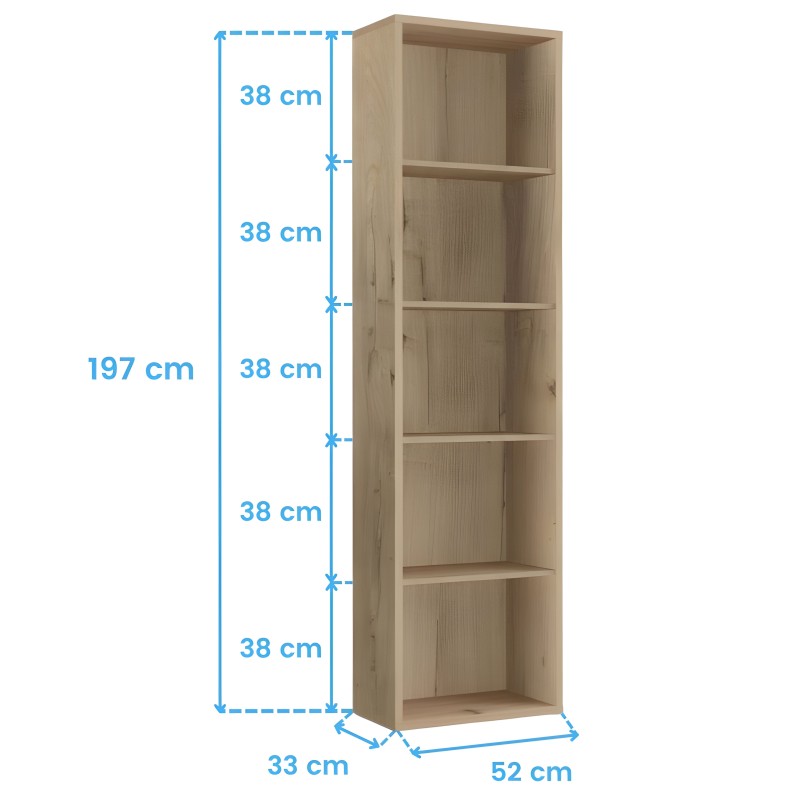 Estantería vertical de madera clara con cinco compartimentos abiertos y estructura modular vista frontal