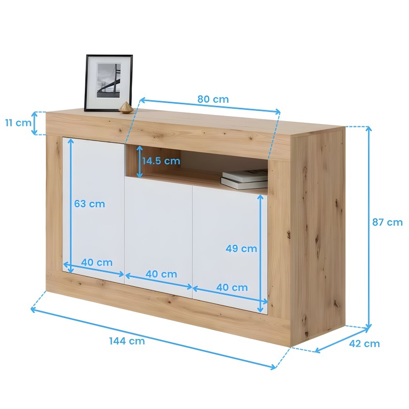 Mueble TV en madera natural y blanco con puertas abatibles y nicho abierto superior vista de frente y medidas