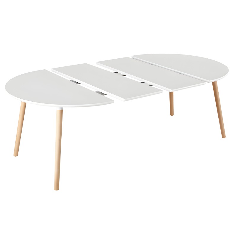 Mesa de comedor extensible blanca con tablero ovalado y patas de madera natural