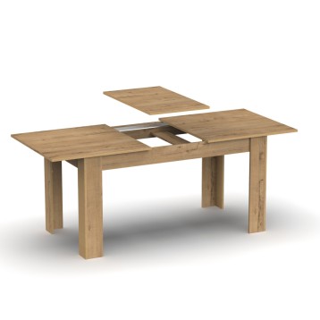 Mesa de comedor extensible en madera clara con patas macizas y tablero removible