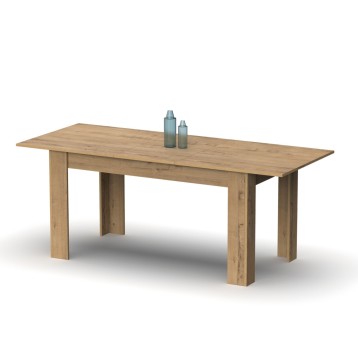 Mesa de comedor rectangular en madera clara con patas macizas y tablero liso