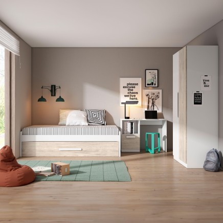 Dormitorio juvenil con cama nido blanca y madera con escritorio integrado y armario en ambiente completo