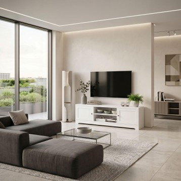 Mueble TV blanco con puertas y estantes abiertos en ambiente de salón moderno minimalista