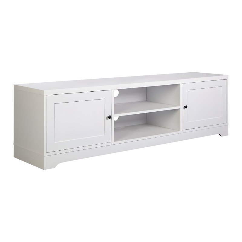 Mueble TV blanco con dos puertas laterales y estantes abiertos centrales de madera