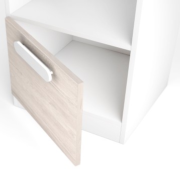 Mueble auxiliar blanco y madera clara con cajón abierto y asa integrada vista frontal