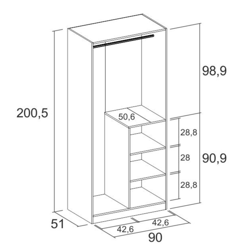 Armario modular blanco con puertas correderas y estantes interiores ajustables vista en perspectiva