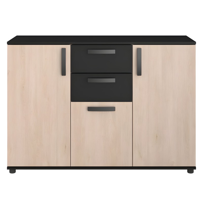 Mueble auxiliar de madera clara con encimera negra y frentes de cajones y puertas en contraste
