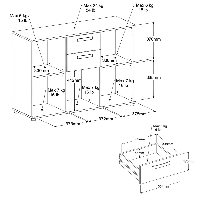 Mueble auxiliar con cajones y compartimentos abiertos vista de perspectiva técnica con especificaciones de peso y dimensiones