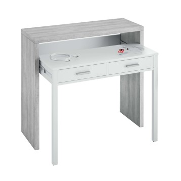Escritorio blanco y gris con dos cajones y estante superior para almacenamiento