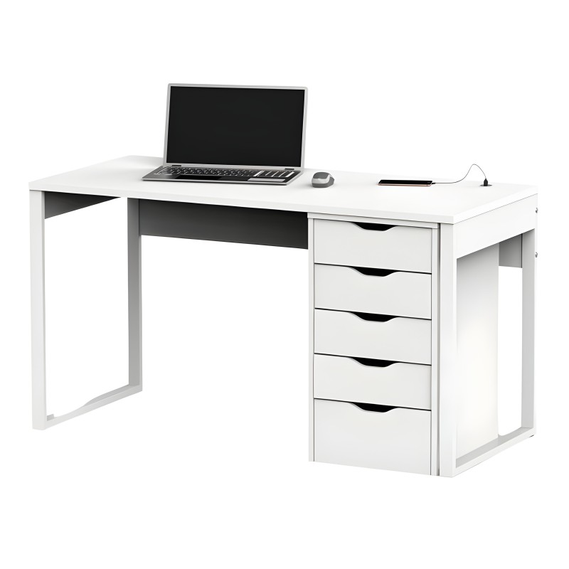 Escritorio blanco con cinco cajones y repisa lateral para oficina o estudio con laptop y accesorios