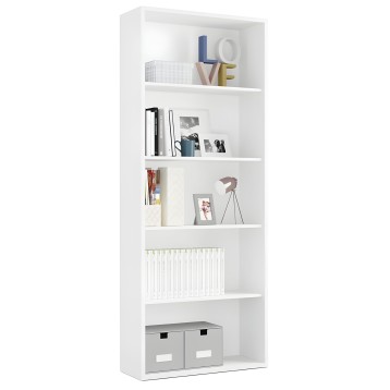 Estantería blanca de 6 estantes con libros y elementos decorativos y cajas de almacenaje inferiores