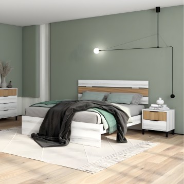 Cama con estructura blanca y cabecero de madera natural y blanco en ambiente de dormitorio moderno con paredes verdes