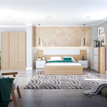 Dormitorio completo en madera clara y blanco con cama doble y cabecero integrado junto a armario y cómoda a juego